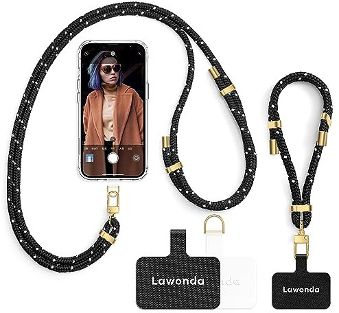 Lawonda Universal Handykette geeignet für alle Smartphones, Kette zum Umhängen um Hals & Handgelenk, Pad mit Kordel, Smartphonekette für Unterwegs, Handyband mit 2er Ersatz Einlage Schwarz