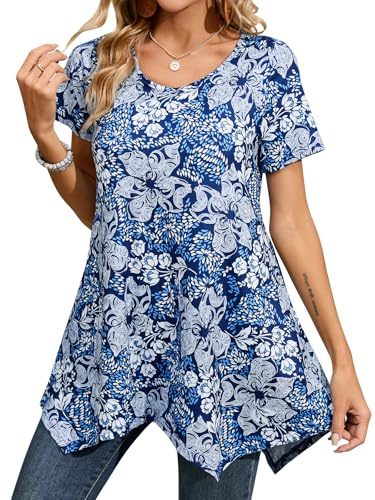 Enmain Womens Tunic Top Summer Short Sleeve Tops for Women UK Plus Size Round Neck Ladies Tunics for Leggings Blue Swing T-Shirt Casual Elegant Dressy Blouse Loose T Shirt S