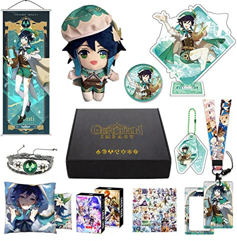 MOTAO Genshin Impact Box Venti Merch Set - Plüschpuppe, Poster, Kissenbezug, Standfigur, Armband, Abzeichen, Schlüsselanhänger, Kartenhalter, 30 Lomo Karten, 50 Aufkleber (Venti)