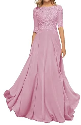 HYEC7 Women's Lace Appliques Mother of The Bride Dresses 3/4 Sleeve Long Formal Evening Dresses A Line Prom Dress Dusty Pink