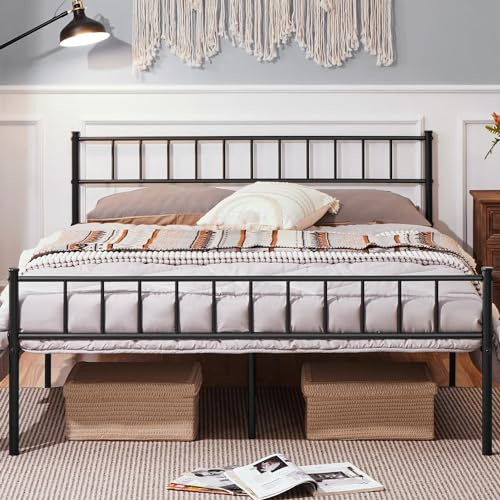 Yaheetech Cadre de lit Noir Lit Double en Métal pour Adultes Grande Espace en Lattes 160x200 cm