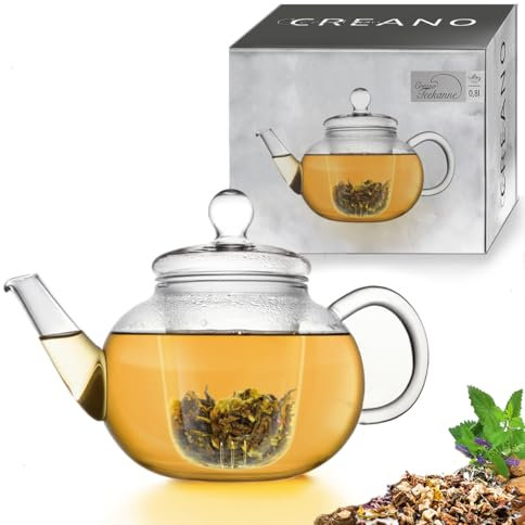 Creano Teekanne aus Glas 0,8l - Glasteekanne mit Glas-Sieb und Deckel - Teepresse ideal zur Zubereitung von Losen Tees - tropffrei