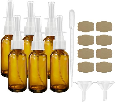 GIVAMEIHF Botellas de spray nasal, 6 unidades de 1 oz (30 ml) con 2 embudos, 1 cuentagotas, 8 etiquetas, botella de spray nasal vacía, botella de spray nasal de vidrio ámbar, cabezal de pulverización