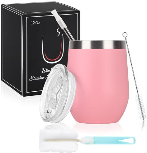 Joymaking Copa de vino de acero inoxidable, sin tallo con tapa, taza de viaje irrompible de doble pared para leche, café, vino, cerveza, champán, cócteles, color rosa