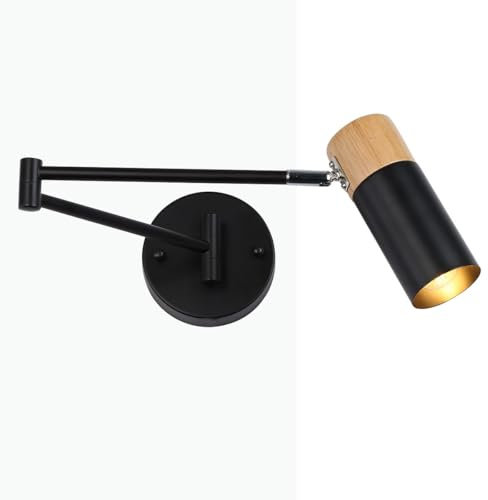 B·LED BARCELONA LED Wandleuchte aus Aluminium und Holz – Nordisches Design – Schwenkbarer Arm und drehbarer Schirm – E27 G45 Fassung (Leuchtmittel nicht enthalten) – Schwarz
