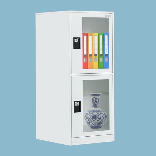 MECOLOR Schrank mit Vorhängeschloss, Büro Aktenschrank mit 2-Glastüren, abschließbarer Nachtschrank im Schlafzimmer, Metallschrank im Wohnzimmer (G2V-FWH)