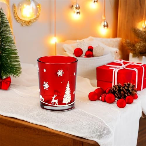 Hiseng Teelichthalter Glas Rote Kerzenhalter, Votivkerzenhalter, Weihnachtsbaum Teelichtgläser Kerzenleuchter Teelichter Dekoration für Weihnachten Tischdeko, Hochzeit, Party (12er-Set,Rot)