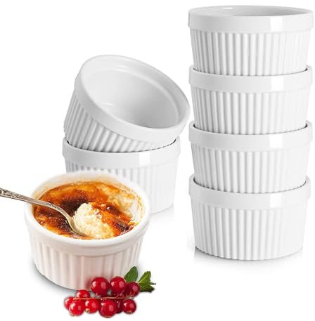 6.5CM White Porcelain Ramekins 85ML Baking Cups for Souffle Porcelain Souffle Dish for Small Cakes Creme Brulee Pudding and Ice Cream Sauce and Dips- Durable Pack of 6