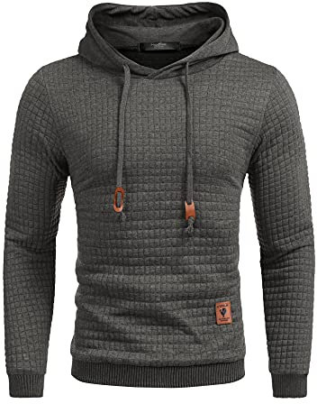 COOFANDY Herren Kapuzenpullover Hipster Gym Langarm Arbeitspullover Kordelzug Karierten Jacquard Pullover Hoodies Dunkelgrau L