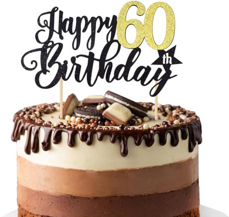 Happy 60th Birthday Cake Topper Glitter Paper Black Gold Cake Decorations Supplies for Birthday Cake
