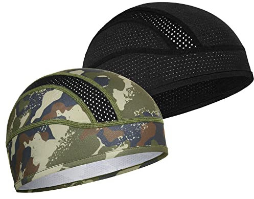 MELASA Cooling Fahrradmütze Unter Helm, Mech Atmungsaktive Helmet Liner Skull Cap, Fahrradhelm Mütze Laufmütze Sport Funktionsmütze für Männer Frauen, Passt unter Helme(Schwarz & Magic Grün)