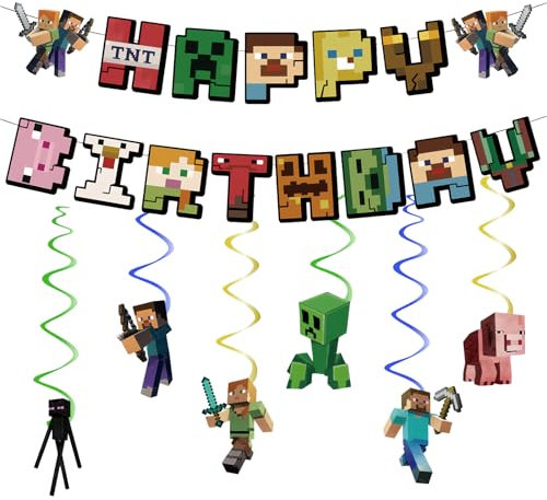 14Pcs MC Birthday Decorations Minecraft Bunting Garland and Hanging Decoration for Kids Cartoon Happy Birthday Banner,Hanging Swirls Theme Birthday Party Decor for Kids Birthday Party