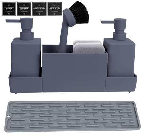 CAUTIOUS Organisateur Evier Cuisine Distributeur de Liquide Vaisselle Accessoire de Rangement Brosse à Vaisselle avec Distributeur de Liquide Gris (350ml)