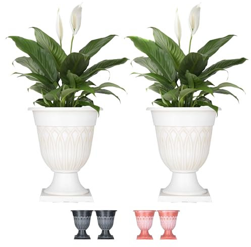 SG Traders Large Urn Plant Pot Stand, Flower Pots Outdoor Garden Planters, Indoor Plant Pot, Tall Planter with Drainage Holes, Strong Plastic Patio Home Plants (Pack of 2)