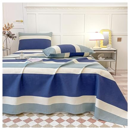 CZADMXP Bettlaken Betttuch Ohne Gummizug, Baumwoll Leinen Bett Laken Mit 2 Kissenbezug, Abwaschbar Ademend Haustuch Für Schlafzimmer (Gestreift B,200x230cm)