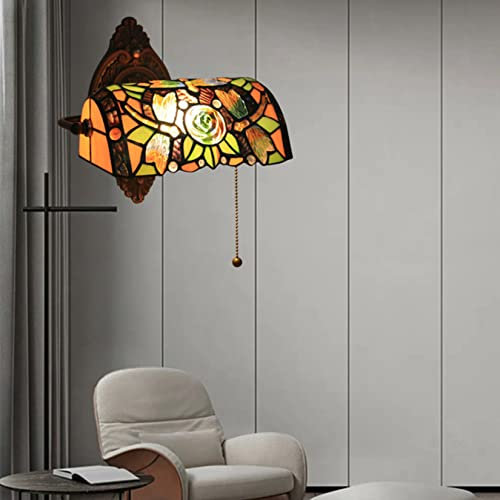 AIBOTY Tiffany Buntglas Traditionelle Banker Wandleuchte Banker Lampe Retro Leselampe mit Zugdrahtschalter Verstellbarer Lampenschirm, Hotelzimmerlampe - Antike Lampe,Dragonfly 2