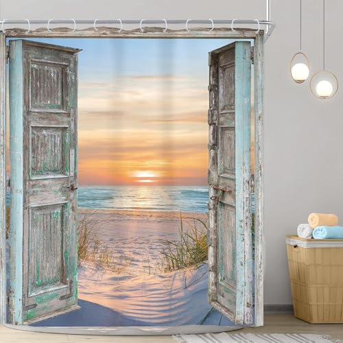 TACOKI Rideau de Douche Côte Bord de Mer, Rideau de Douche 120x200 Anti Moisissure Rideau Baignoire Porte de Grange Rideau Douche Polyester Shower Curtain 3D Rideaux Salle de Bain avec Crochets 2963z