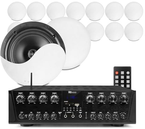 Power Dynamics 8-Zone Multi Room Home Ceiling Speaker System Package with 16x NCSS6 6.5 2-Way Coaxial Speakers, Magnetic Grilles, 8-Channel Amplifier and Bluetooth Connectivity