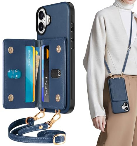 TUCCH Case for iPhone 16 Plus (6.7) with Strap, Wallet Case with[6 Card Holders][RFID Blocking][Adjustable Detachable Crossbody Lanyard][Magnetic Closure], Shockproof Slim PU Leather Cover, Dark Blue