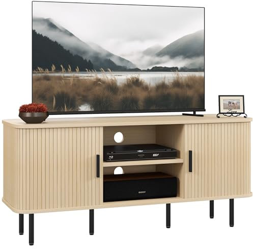 HOMCOM TV Stand Cabinet for TVs up to 55 Inches, TV Unit with Storage Shelves and Cupboard for Living Room, Oak Tone