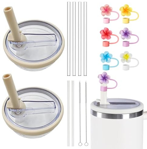 TOEECY Stanley Cup Accesorios 14 Piezas Reutilizable Incluye Pajita Gorro de Paja de Flores Pajita Cepillo Accesorios Repuesto No Incluye Tazas(Blanco Marfil)