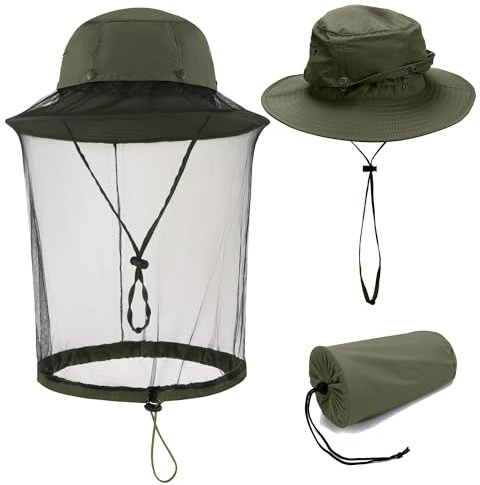 Filhome Mosquito Head Net Hat Hats with Removable Veil Net Mesh Hiking Fishing Gardening Protect from Bee Mosquito for Women Men, Green