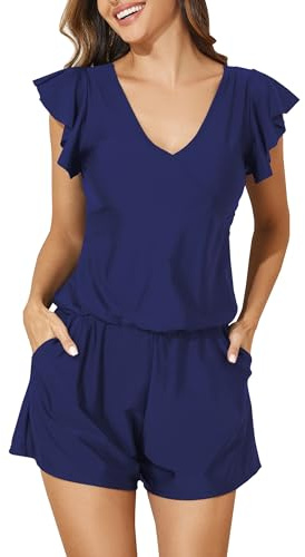 Smismivo Women Swim Romper with Built in Bra and Pockets Ladies Swimming Costume Tummy Control Swimwear Modest One Piece Swimsuit with Shorts Ruffle Sleeve Swim Dress (Navy Blue)