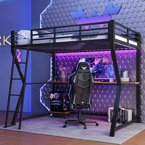 Huayz Letto a castello Letto singolo 90x200, Letto per bambini con letto a castello con luce LED e stazione di ricarica USB e scrivania e scaffale per console del computer, Letto in metallo singolo
