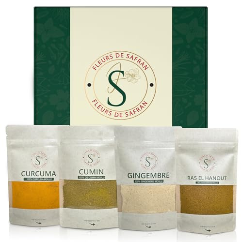 Coffret EPICES naturel et authentique avec 4 épices les plus vendues- CADEAU découverte des Saveurs épices authentiques de la cuisine orientale-gingembre-cumin-ras el hanout-cumin