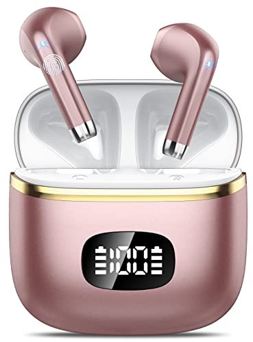 Cuffie Bluetooth, Auricolari Bluetooth 5.4 Stereo HiFi con 4 ENC Mic, 40 Ore Sport Cuffie Wireless IP7 Impermeabili con LED Display, Touch Control Cuffiette per Androide iOS, Ricarica Rapida Oro Rosa