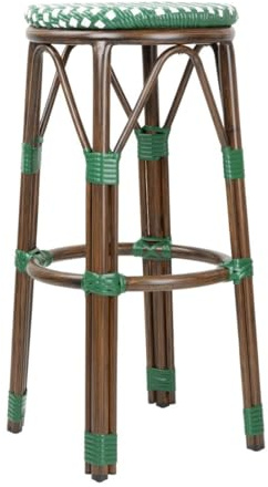 Bolero Parisian Style PE Rattan Bar Stools, Green Dot Mix, Pack of 2 | Weather-resistant woven polyethylene frame offers a comfortable seat for patios or bistros, with a stackable design.