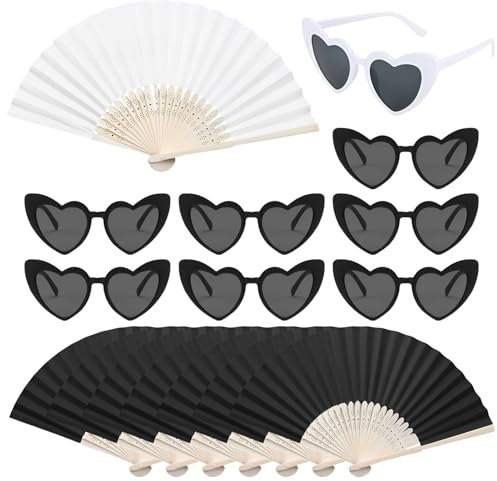 Matreeglam Pack of 16 Hand Fans White Paper Fans with Team Bride Heart Glasses Wedding Fan Foldable Wedding Guest Gift Wedding Decoration Vintage