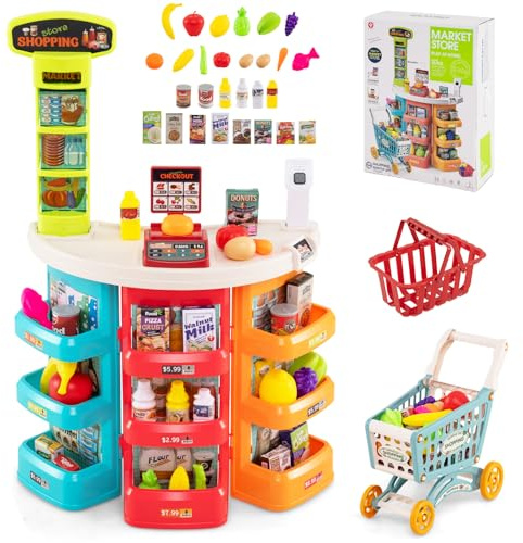 GOPLUS Kaufladen mit Einkaufswagen, Kinder Supermarkt mit Waage, Kasse, Regalen, Scanner, Licht- und Soundeffekten, Spielzeug Kaufmannsladen mit 29 Zubehör, Einkaufsladen für Kinder ab 3 Jahren (Blau)
