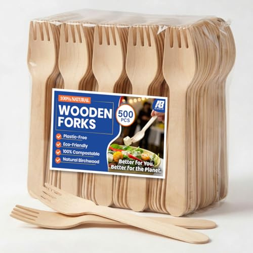 Aibulo Wooden Forks 500 Pack – Disposable Wooden Cutlery Made from Sustainably Sourced Birchwood, Compostable & Biodegradable, Forks for Party, BBQ, Picnic, Wedding & Catering