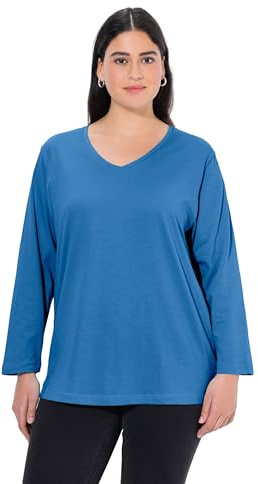 Ulla Popken Damen große Größen Übergrößen Plus Size Shirt, V-Ausschnitt, Relaxed, Langarm Kornblume 50+ 725334732-50+