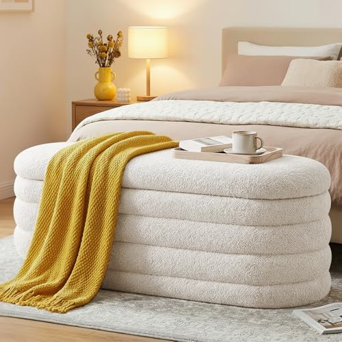 Ckaff Storage Ottoman Bench, 114CM Upholstered Boucle Ottoman with Storage, Modern Bedroom Bench for Living Room, Entryway, Sherpa, White