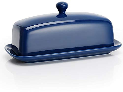 Sweese Butterdose mit Deckel, Porzellan-Butterbehälter, 20 cm, Butterhalter mit Griffabdeckung, Butterbehälter, perfekt für Ost-Westküsten-Butter, Marineblau