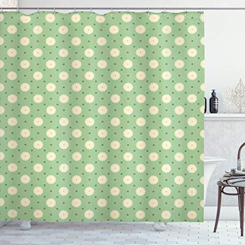 ABAKUHAUS Floral Duschvorhang, Frühling Pflanzen Yard, Stoffliches Gewebe Badezimmerdekorationsset mit Haken, 175 x 240 cm, Hellgrün Creme Gelb