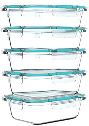 Classic Cuisine 83-141 Glass Food Storage Containers-5, One Compartment Portion Control Meal Prep Glassware with Snap Shut Lids-Microwave, Dishwasher Safe