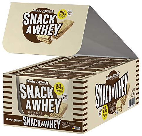 BODY ATTACK SNACK A WHEY, 18 x 63 g / 18 Portionen, Protein Wafer mit 36% Milch- und Molkeprotein-Anteil, Schoko Knusperwaffeln für zwischendurch, nur 0,1 g Zucker pro Waffel, Made in Germany