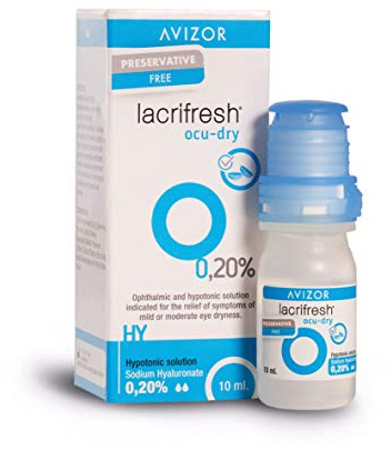 Avizor Lacrifresh Ocu-Dry 0,20%. Flasche mit 10 ml Augentropfen zur Linderung von Symptomen von Augenreizungen.