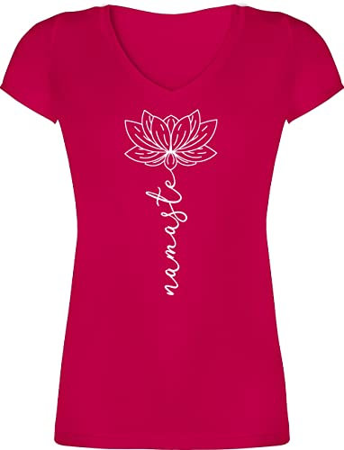 T-Shirt Damen V Ausschnitt - und Wellness Geschenk - Namaste Lotusblüte Yoga Chakra - S - Fuchsia - yogashirth yogashirt Meditation Joga Tshirt yogashirts yogashirtsdamen spirituelle Blume