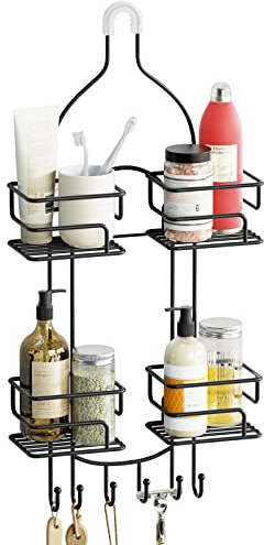SRIWATANA Étagère de douche à suspendre au-dessus de la tête, organisateur de douche de salle de bain avec crochets pour rasoirs – Noir