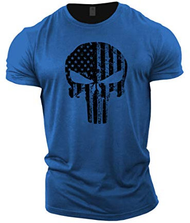 Gymtier, Bodybuilding-T-Shirt für Herren – Schädel mit US-Flagge – Trainings-Top Gr. XXL, königsblau