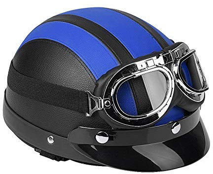 Universal-Motorrad-Roller aus Kunstleder mit offenem Gesicht, Motorrad Roller Open Face halbes Leder-Helm mit Visier UVschutzbrille(Blau)