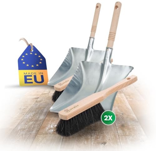 Novaliv 2X Kehrgarnitur Set Rosshaar Mischung Kehrschaufel verzinkt Kehrset Kehrblech Handbesen Handkehrset Handfeger und Schaufel (2, Handfeger + Kehrschaufel verzinkt)