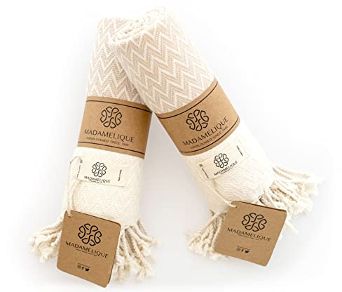 Madamelique Exclusivo Juego de 2 Toallas de Mano de 18 x 40 Pulgadas, Toalla Decorativa de baño Peshtemal para Manos, Cara, Cabello, Yoga, té, paño de Cocina, baño - 100% algodón Puro (Beige)