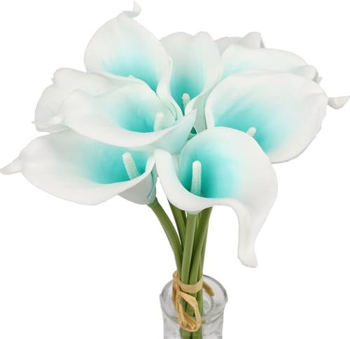 Künstliche Mini-Calla-Lilien, 10 Stiele, Brautsträuße, künstliche Latex-Blumen, fühlt sich echt an, für Zuhause, Party-Dekoration (Türkis-Weiß)