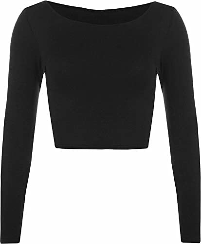 Womens Crop Long Sleeve T Shirt Ladies Short Plain Basic Round Neck Shirts Top 8-14 (Black UK 8-10)