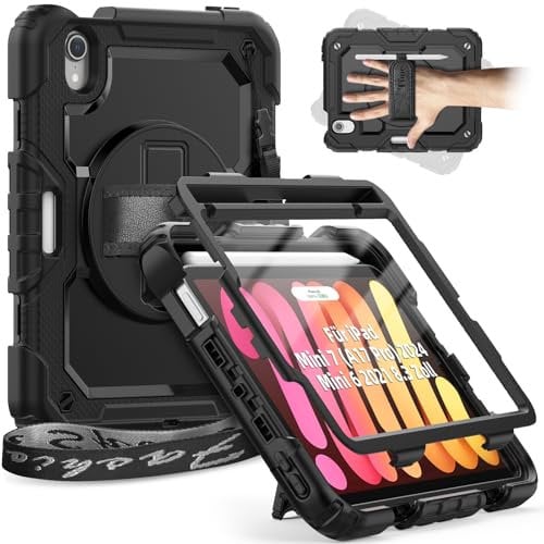 Timecity Hülle für iPad mini 7 (A17 Pro) 2024/Mini 6 2021 8,3 Zoll Stoßfest Robust Schutzhülle mit Displatschutz Stifthalter Handschlaufe Schultergurt 360-Grad-Drehbarer-Ständer- iPad mini 7-Schwarz